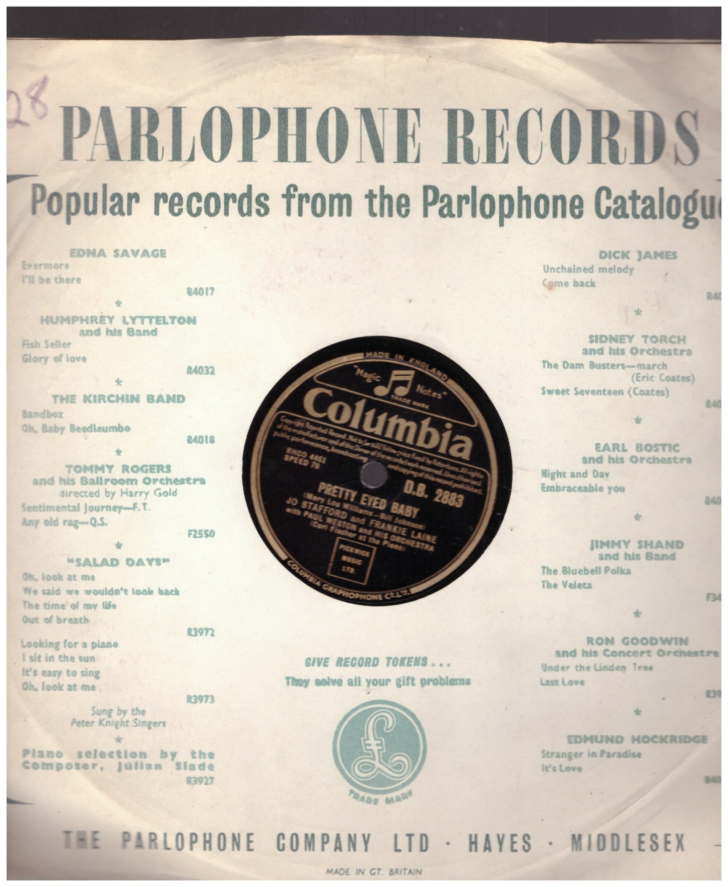 Pretty Eyed Baby by Jo Stafford And Frankie Laine from Columbia (D.B. 2883)