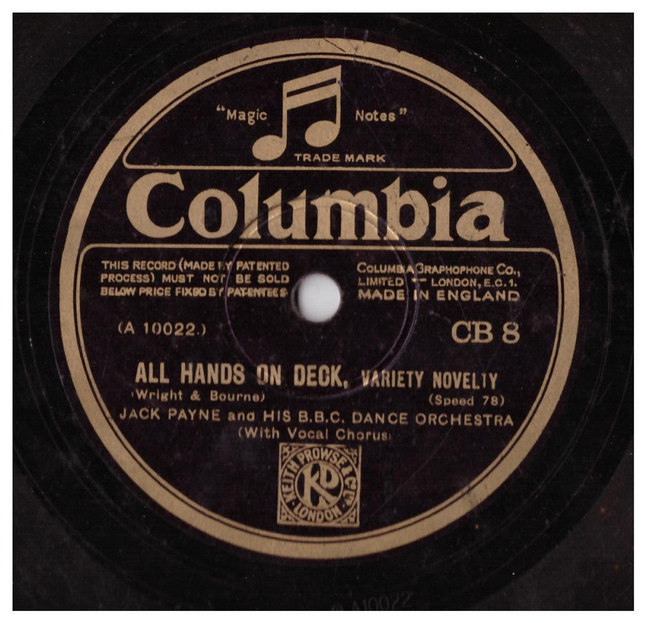 10" 78RPM All Hands On Deck/An Old Italian Love Song by Jack Payne And His BBC Dance Orchestra from Columbia (CB 8)