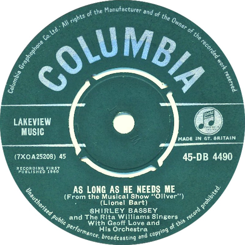 7" 45RPM As Long As He Needs Me/So In Love by Shirley Bassey from Columbia