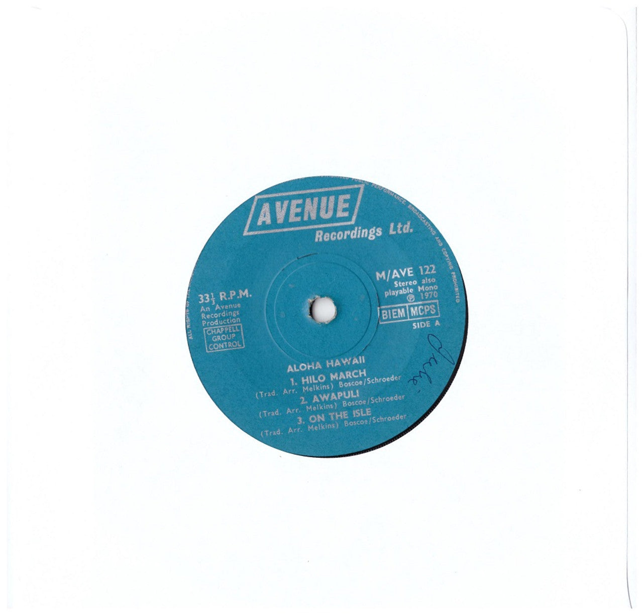 7" 33RPM Aloha Hawaii EP from Avenue Recordings (M/AVE 122)