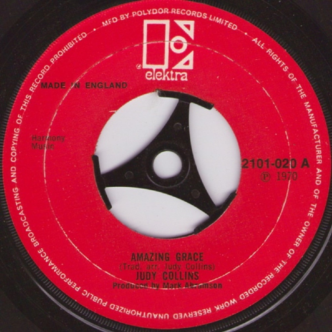 7" 45RPM Amazing Grace/I Pity The Poor Immigrant by Judy Collins from Elektra (2101-020)