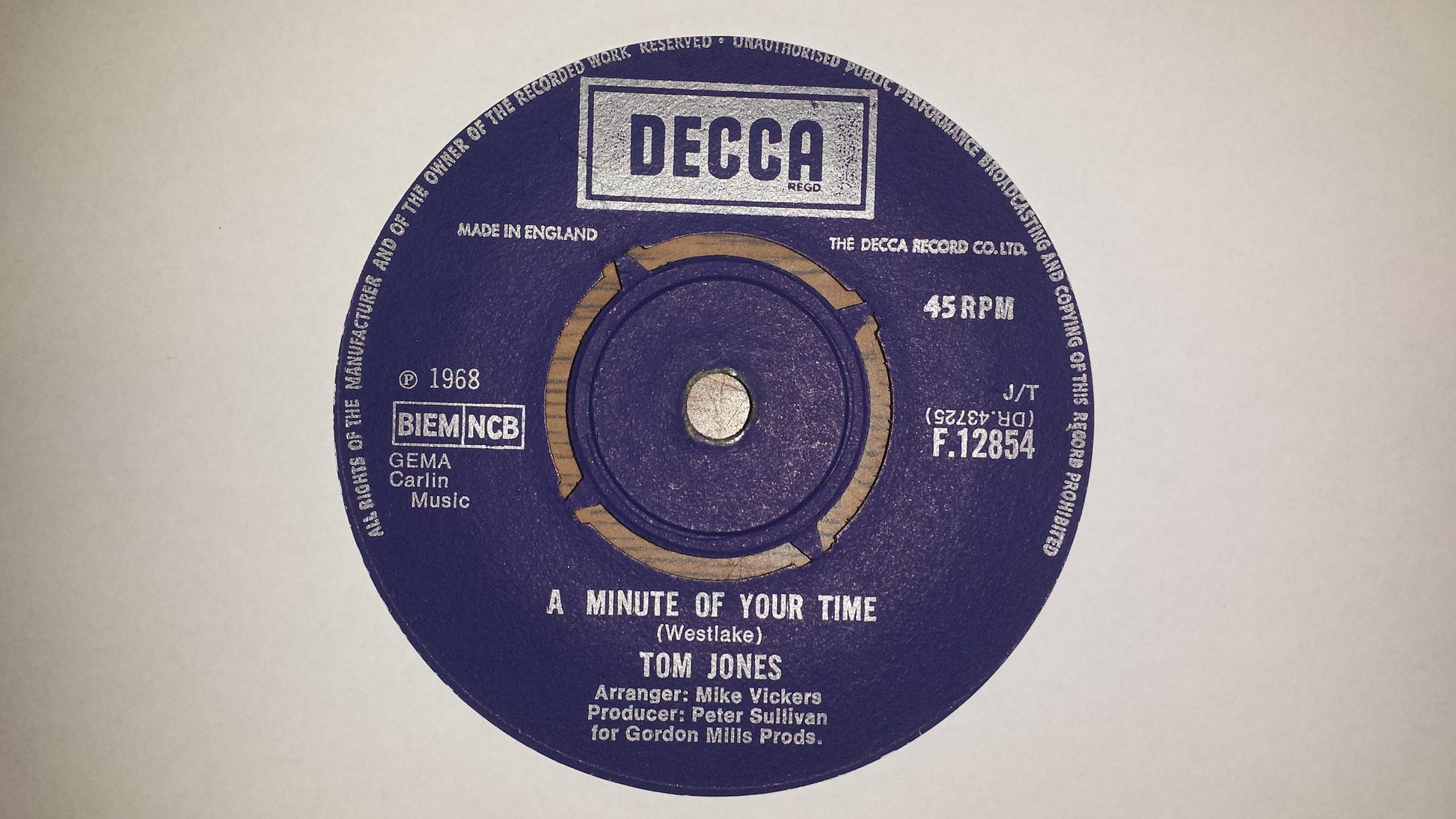 7" 45RPM A Minute Of Your Time/Looking Out My Window by Tom Jones from Decca