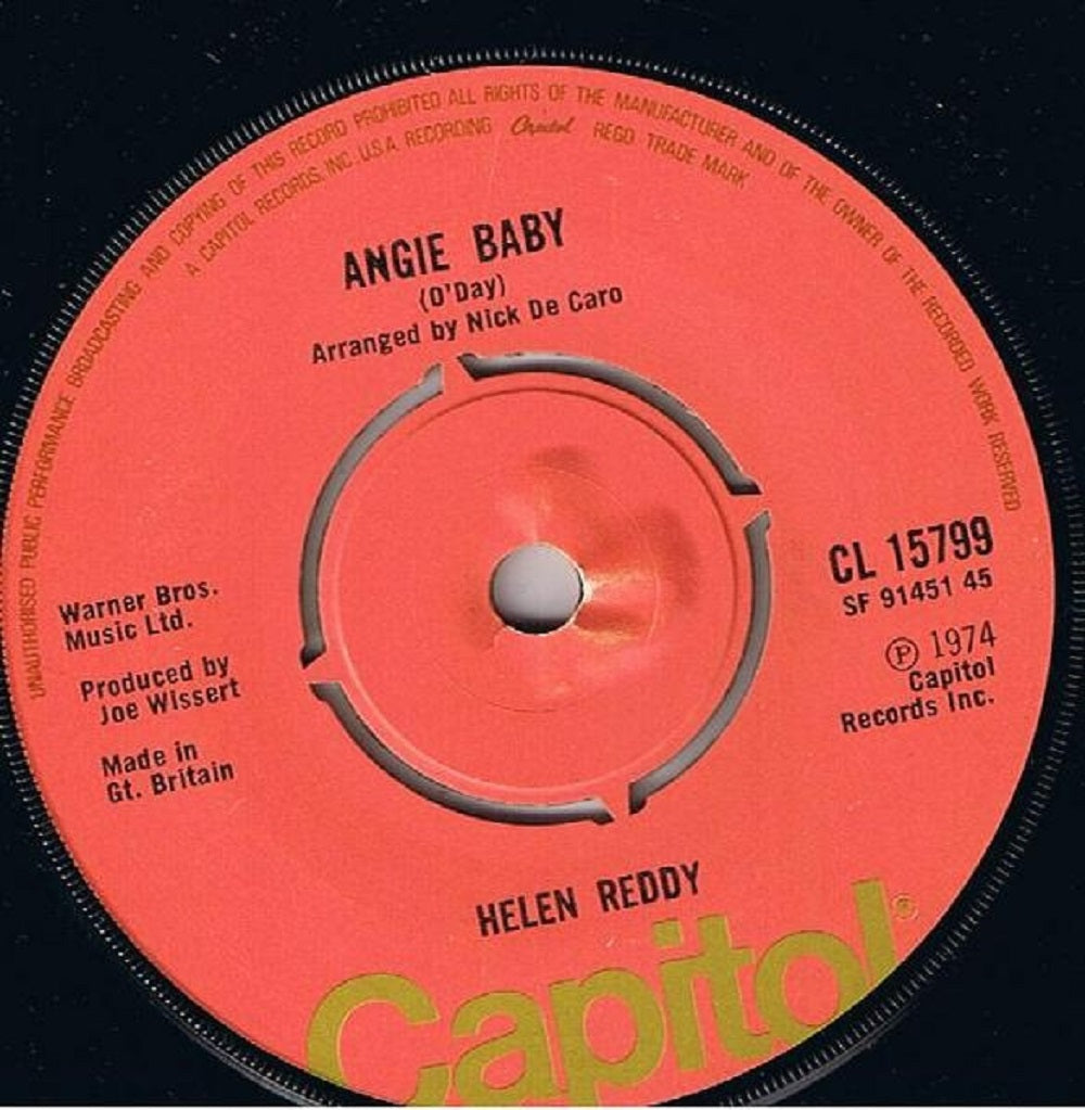 7" vinyl single of "Angie Baby" and "I Think I'll Write A Song" by Helen Reddy, released by Capitol Records in 1974.