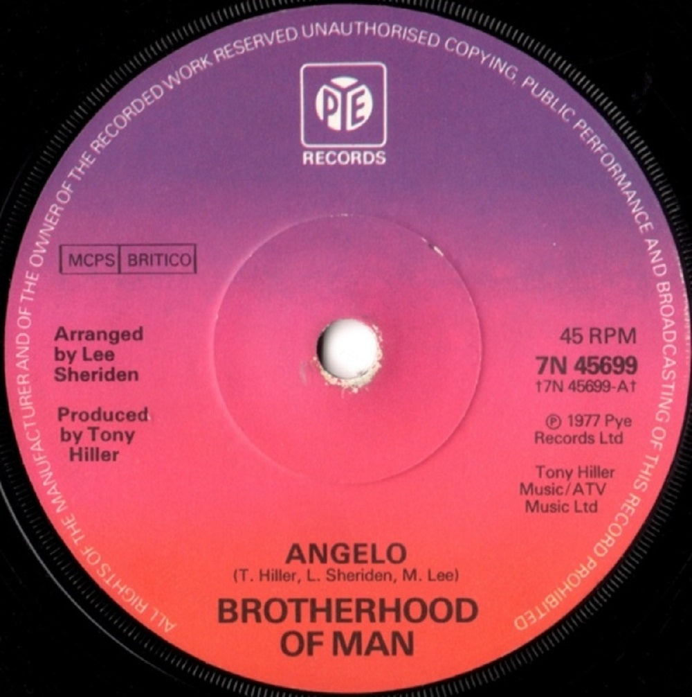 7" vinyl single of "Angelo" and "All Night" by Brotherhood Of Man, released by PYE Records in 1977.