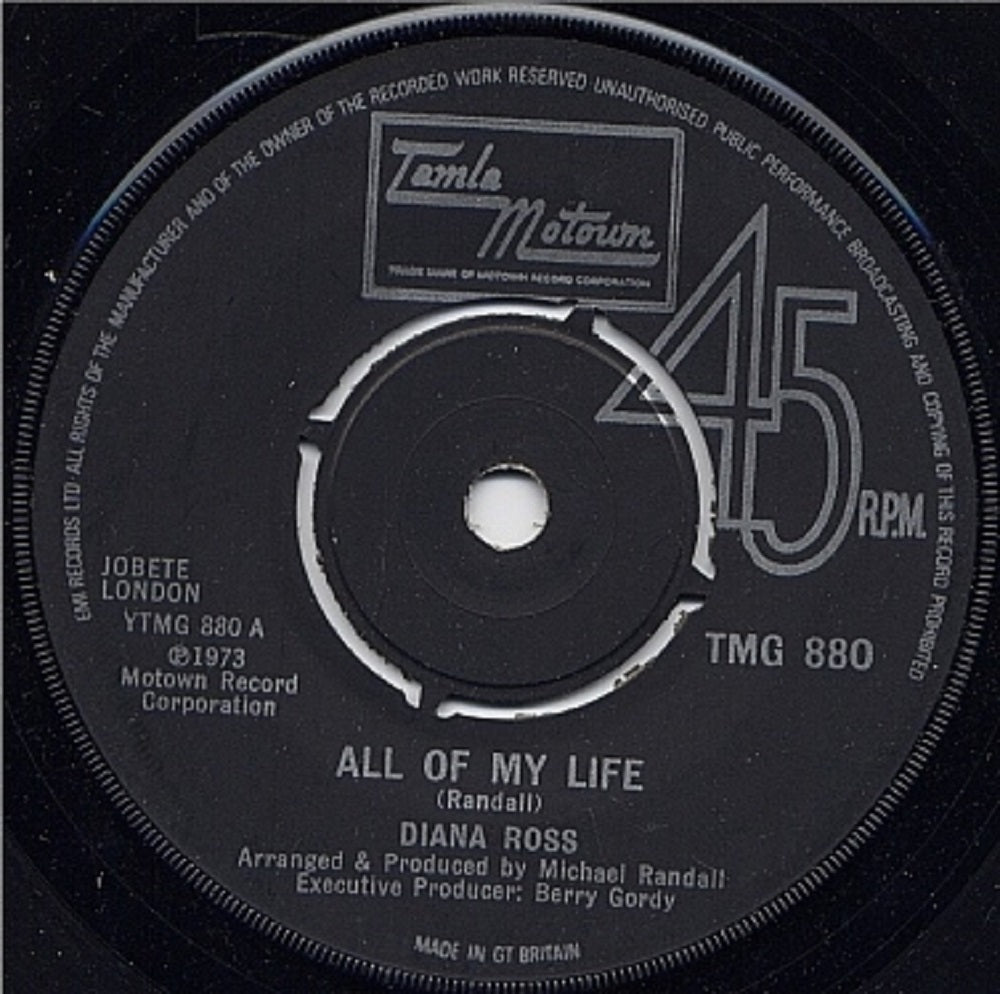 7" 45RPM All Of My Life/A Simple Thing Like Cry by Diana Ross from Tamla Motown (TMG 880)