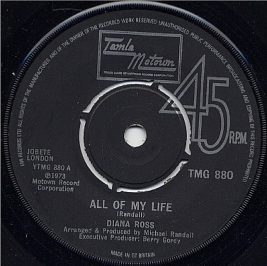 7" 45RPM All Of My Life/A Simple Thing Like Cry by Diana Ross from Tamla Motown (TMG 880)