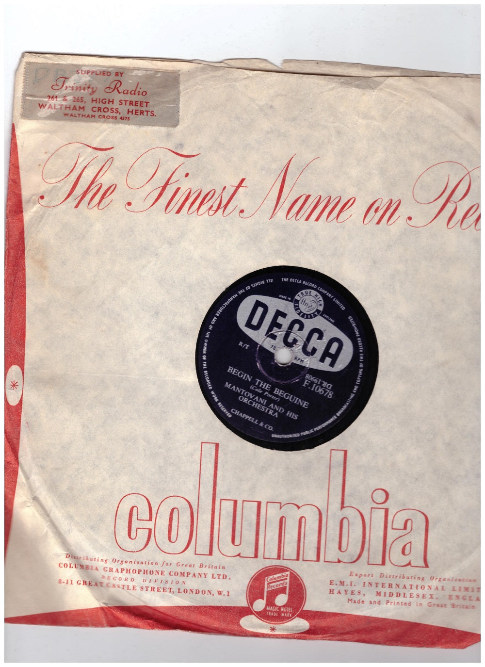 10" 78RPM Begin The Beguine/Candlelight by Mantovani And His Orchestra from Decca (F.10678)