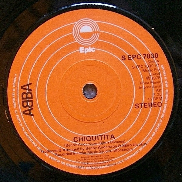 7" 45RPM Chiquitita/Lovelight by Abba from Epic (S EPC 7030)