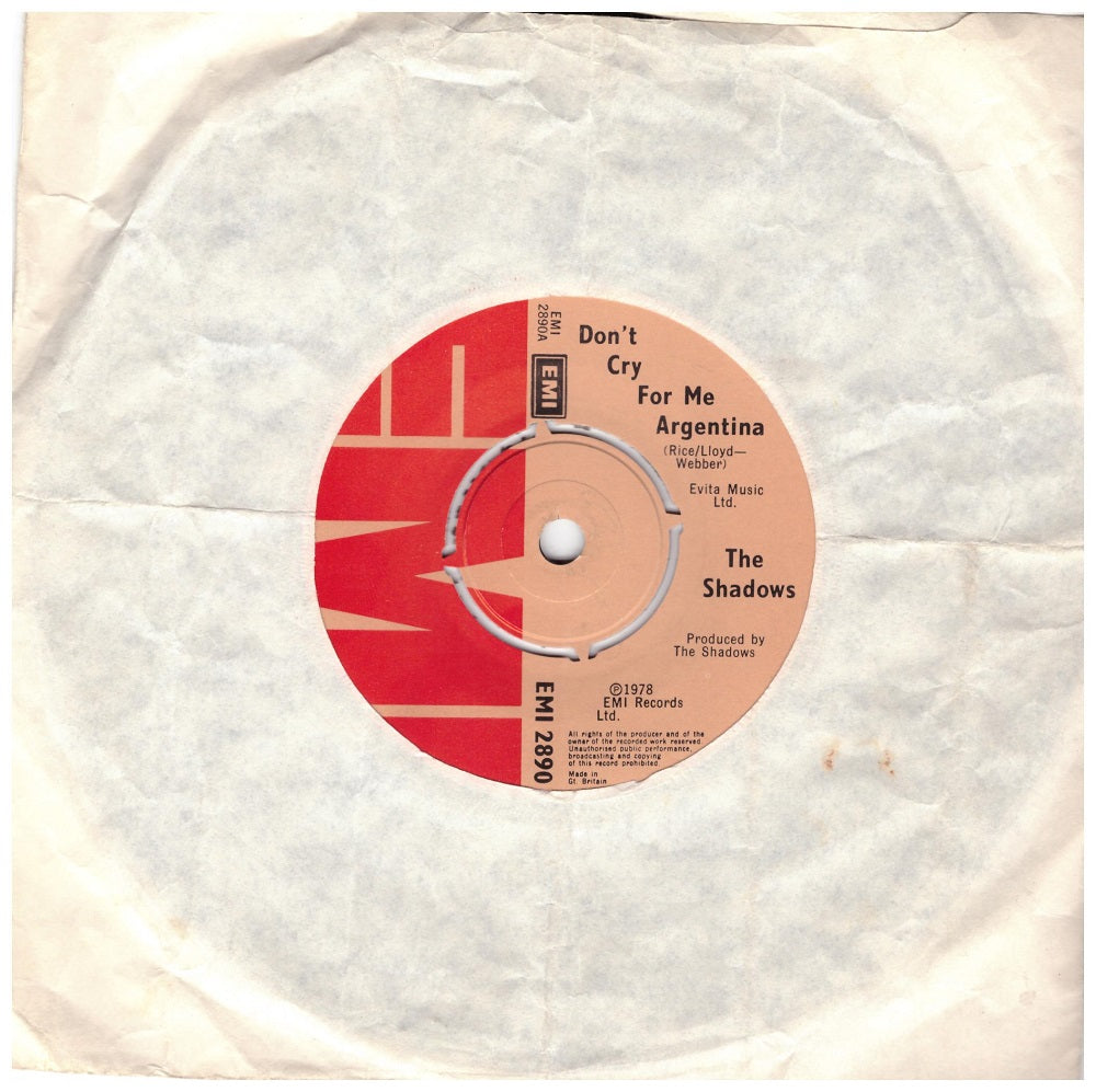 7" 45RPM Don't Cry For Me Argentina/Montezuma's Revenge by The Shadows from EMI (EMI 2890)