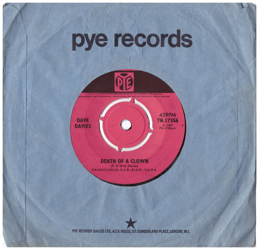 7" 45RPM Death Of A Clown/Love Me Till The Sun Shines by Dave Davies from PYE