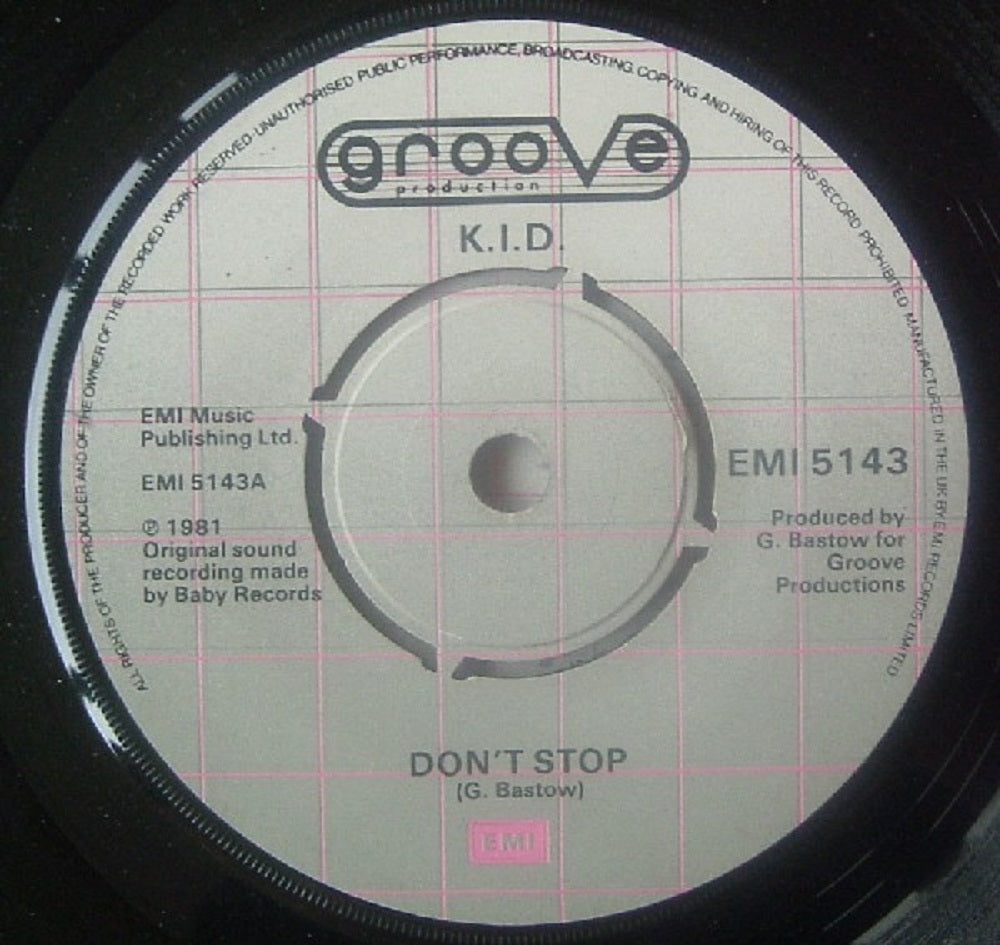 7" 45RPM Don't Stop/Do It Again by K.I.D. from Groove Productions