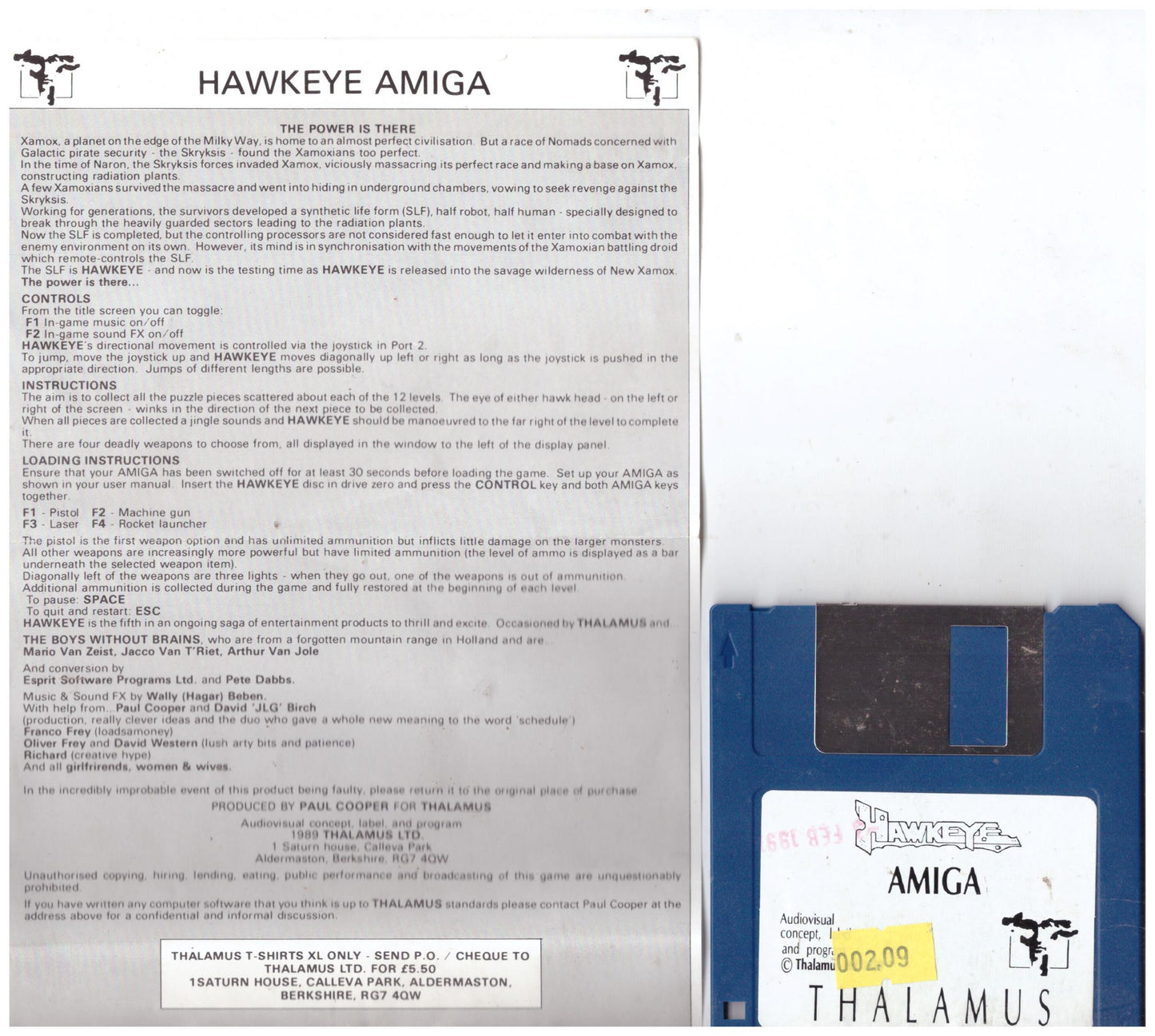 Hawkeye game for Commodore Amiga by Thalamus, retro side-scrolling shooter.