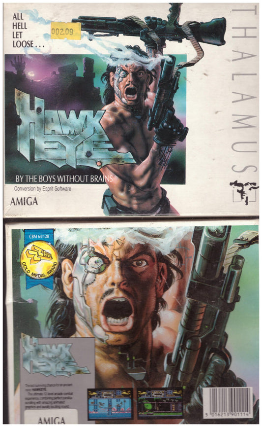 Hawkeye game for Commodore Amiga by Thalamus, retro side-scrolling shooter.