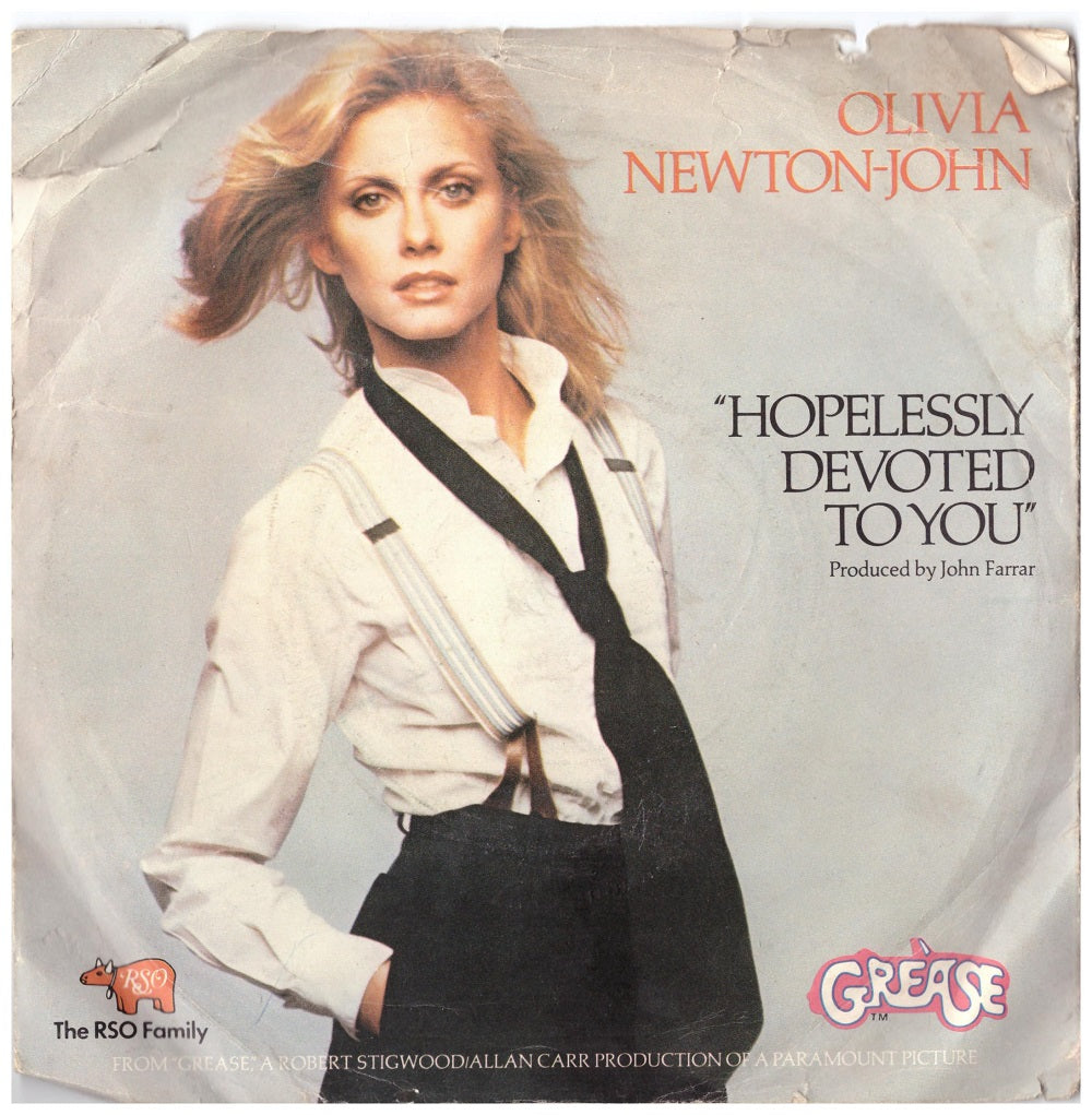 7" 45RPM Hopelessly Devoted To You/Love Is A Many Splendored Thing Instrumental by Olivia Newton-John from RSO