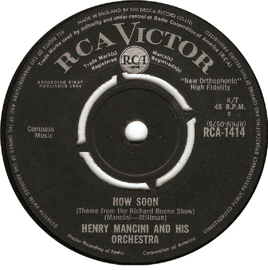 7" 45RPM How Soon/The Tiber Twist by Henry Mancini And His Orchestra from RCA Victor