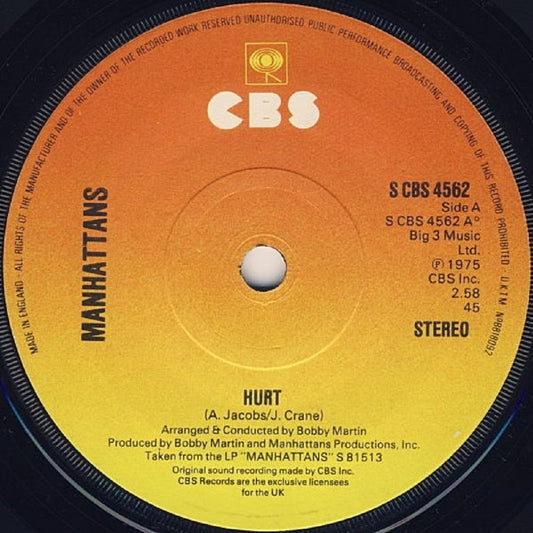 7" 45RPM Hurt/We'll Have Forever To Love by Manhattans from CBS (S CBS 4562)-1