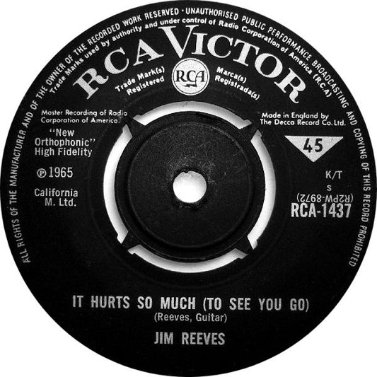 7" 45RPM It Hurts So Much (To See You Go)/Wishful Thinking by Jim Reeves from RCA