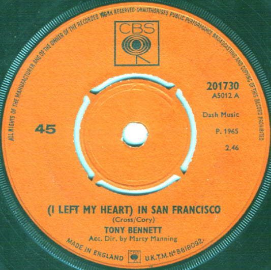 7" 45RPM (I Left My Heart) In San Francisco/Candy Kisses by Tony Bennett from CBS (201730)