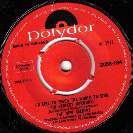 7" 45RPM I'd Like To Teach The World To Sing (In Perfect Harmony)/Boom Town by The New Seekers from Polydor-1