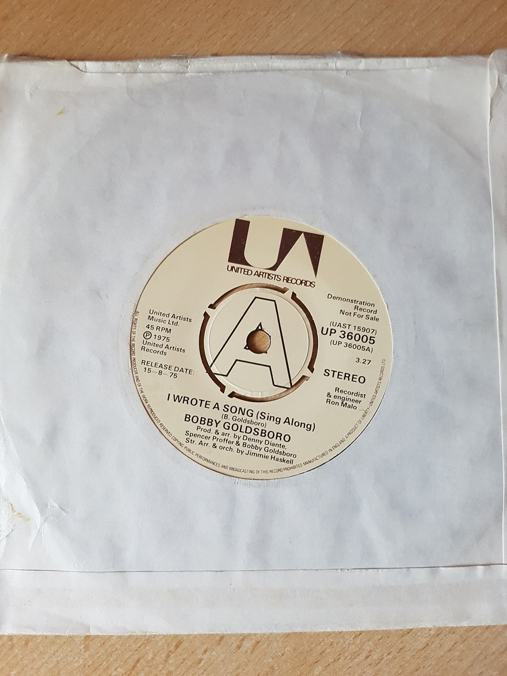 7" 45RPM I Wrote A Song (Sing Along)/All The Woman I've Wanted by Bobby Goldsboro from United Artists Records (UP 36005)