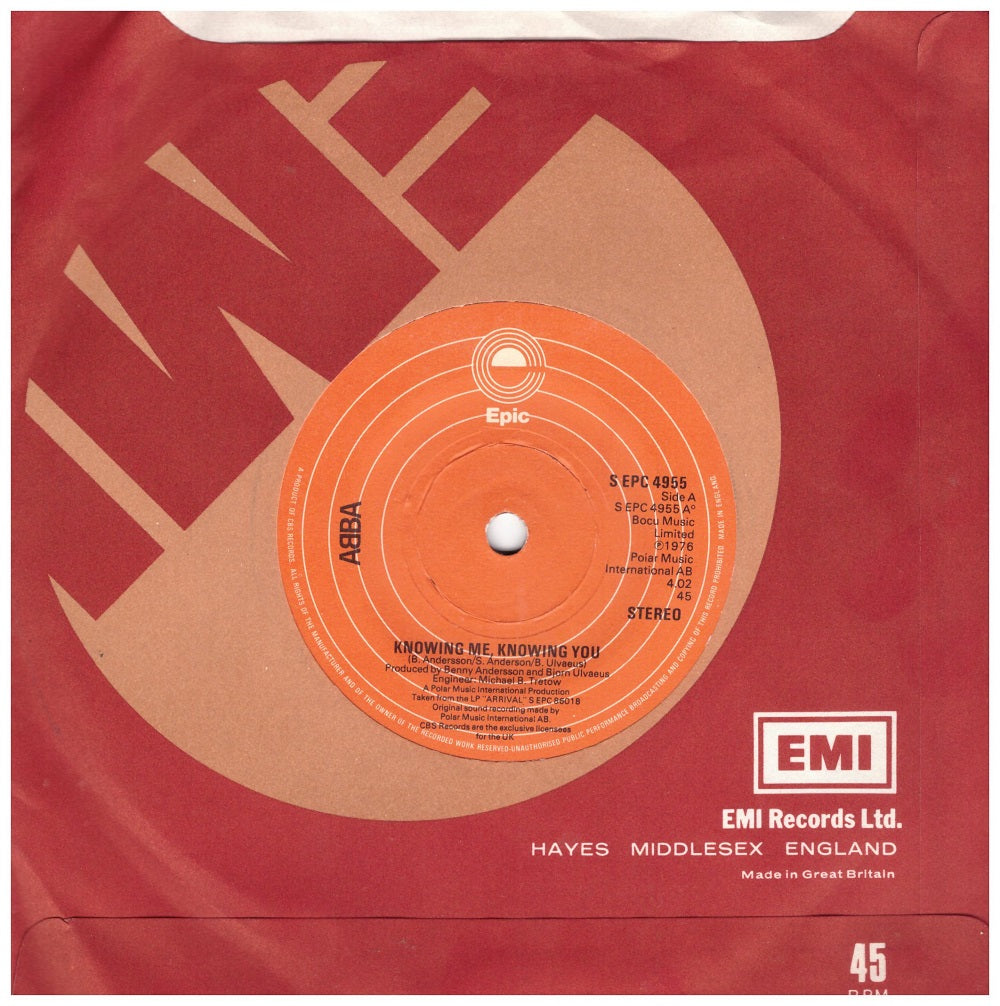 7" 45RPM Knowing Me, Knowing You/Happy Hawaii by Abba from Epic (S EPC 4955)