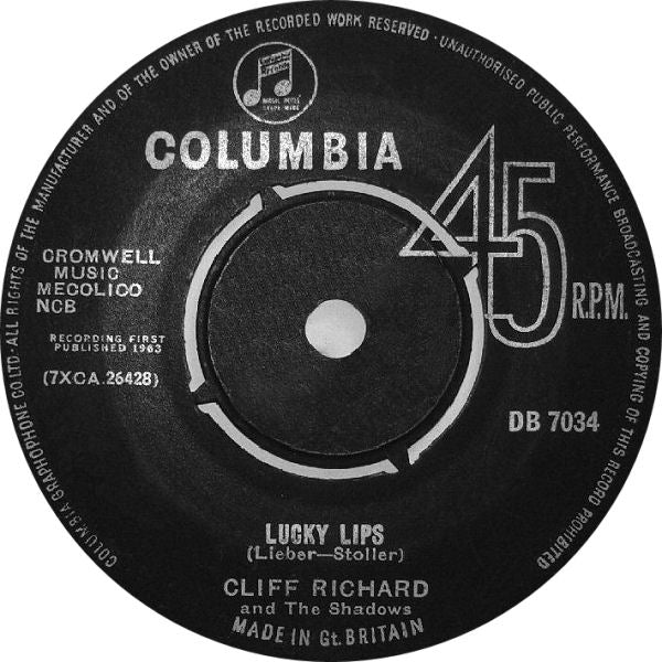 7" 45RPM Lucky Lips/I Wonder by Cliff Richard from Columbia