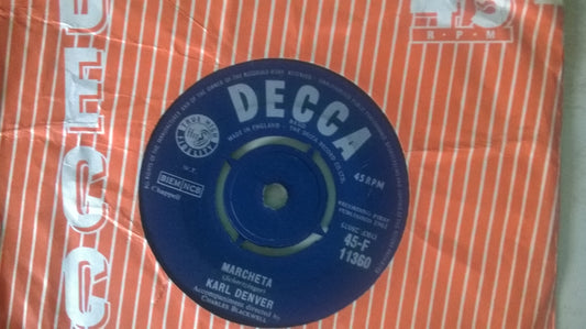 Karl Denver Marcheta Joe Sweeney 7" vinyl record, vintage Decca Records vinyl, classic British 45 RPM record