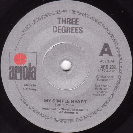 7" 45RPM My Simple Heart/Hot Summer Night by The Three Degrees from Ariola-1