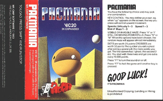 Pacmania for Commodore VIC-20 – Classic Pac-Man arcade game by Mr Chip Software for retro gaming enthusiasts.