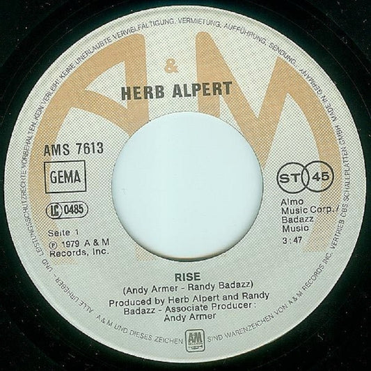 7" 45RPM Rise/Aranjuez (Mon Amour) by Herb Alpert from A&M Records