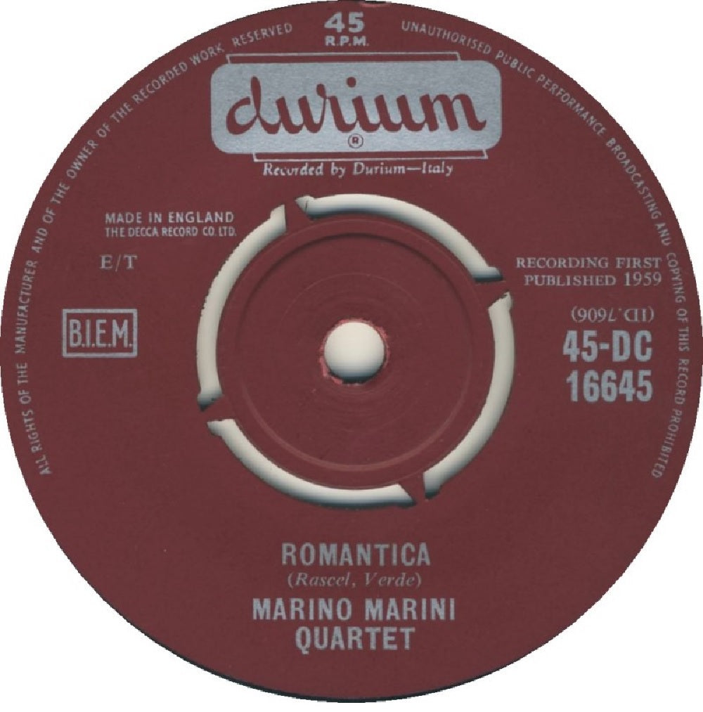 7" 45RPM Romantica/Libero by Marino Marini Quartet from Durium (45-DC 16645)