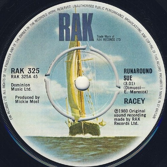 7" 45RPM Runaround Sue/Hold Me Close by Racey from RAK (RAK 325)