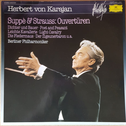 Suppe Strauss Ouvertüren by Herbert von Karajan, Berliner Philharmoniker Deutsche Grammophon vinyl, classical overture album, Suppe Light Cavalry overture, Strauss Die Fledermaus performed by Karajan