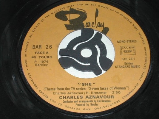 7" 45RPM She/La Barraka by Charles Aznavour from Barclay (BAR 26)