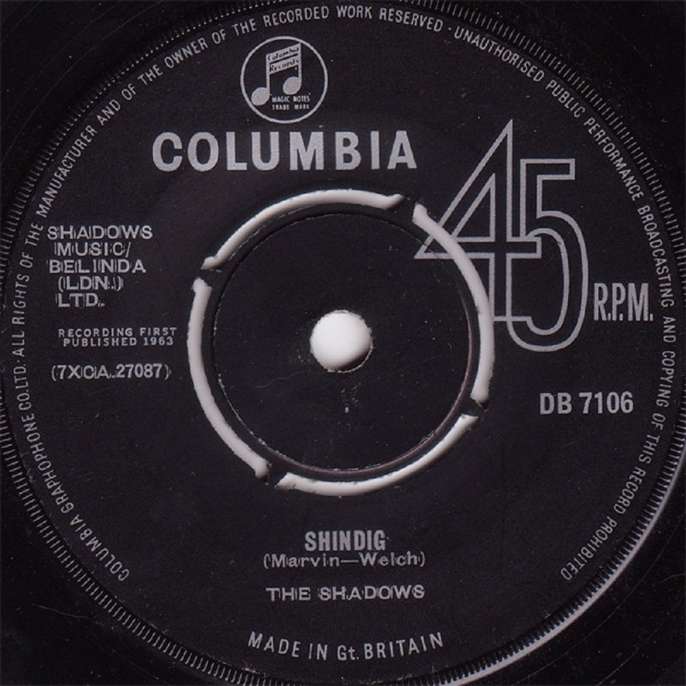 7" 45RPM Shindig/It's Been A Blue Day by The Shadows from Columbia (DB 7106)