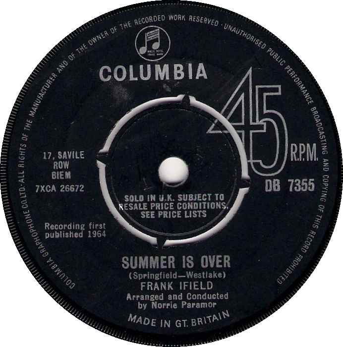 7" 45RPM Summer Is Over/True Love Ways by Frank Ifield from Columbia