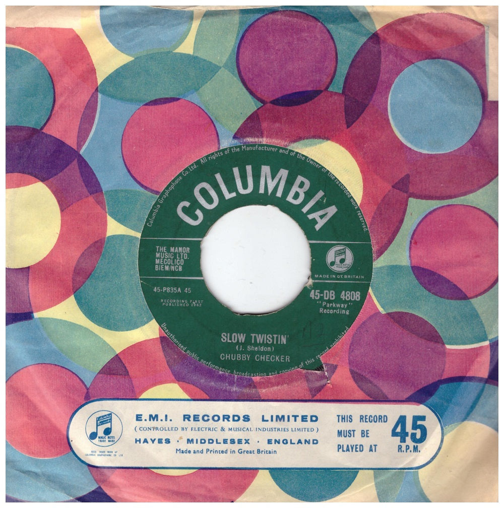 Chubby Checker 7" 45RPM vinyl, Slow Twistin' 45RPM, The Lose Your Inhibitions Twist Columbia Records, vintage vinyl record for sale