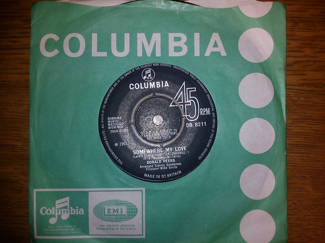 7" 45RPM Somewhere My Love/Theme From Peyton Place by Donald Peers from Columbia