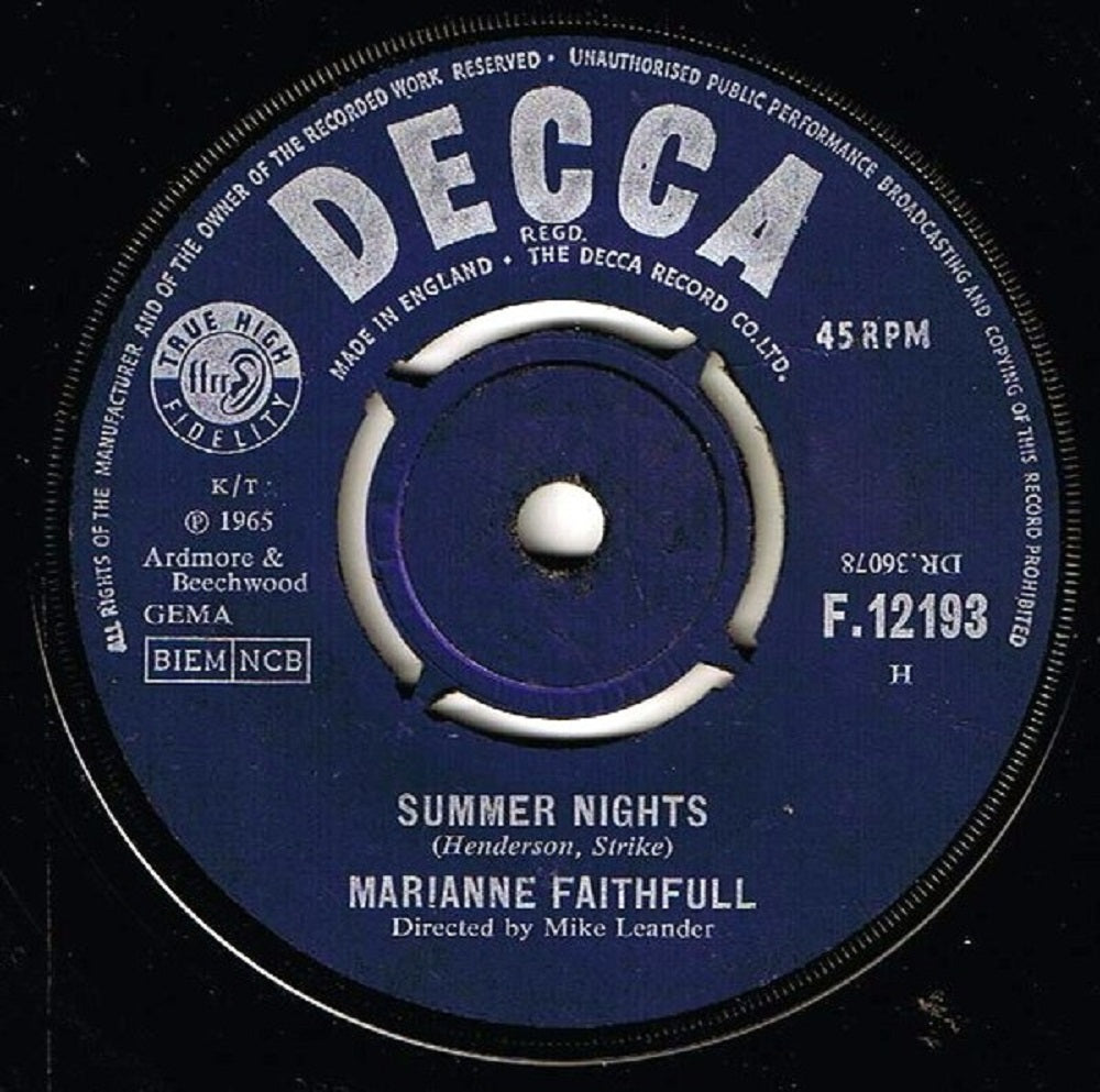 7" 45RPM Summer Nights/The Sha La La Song by Marianne Faithfull from Decca (F.12193)