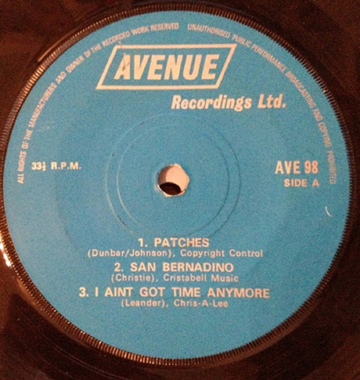 7" 33RPM Six Top Hits EP from Avenue Recordings (AVE 98)