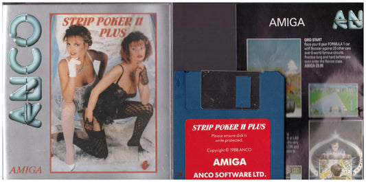 Strip Poker II Plus game for Commodore Amiga by Anco, featuring vintage poker gameplay with digital opponents.