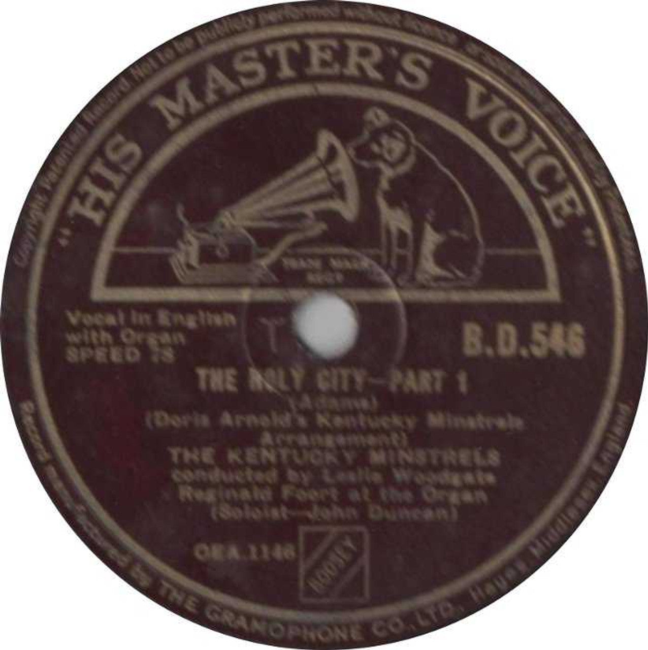 10" 78RPM The Holy City Part 1 & 2 by The Kentucky Minstrels from His Master's Voice (B.D.546)