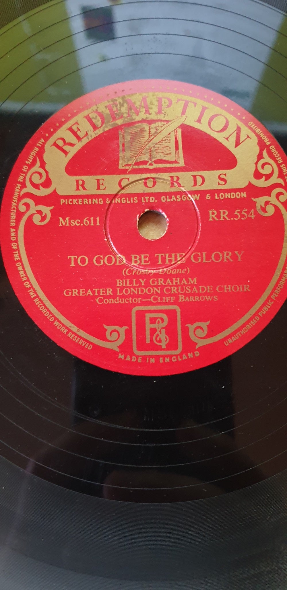 10" 78RPM To God Be The Glory/He Leadeth Me by Billy Graham from Redemption Records (RR.554)