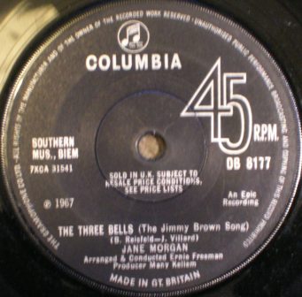 7" 45RPM The Three Bells (The Jimmy Brown Song)/I Want To Be With You by Jane Morgan from Columbia