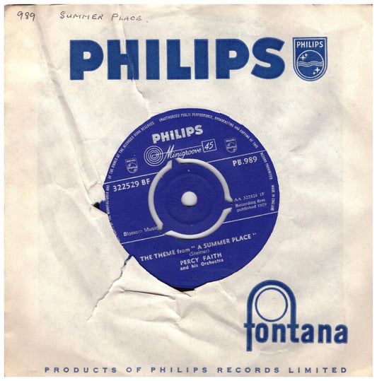 7" 45RPM The Theme From "A Summer Place"/Go-Go-Po-Go by Percy Faith from Philips (PB.989)