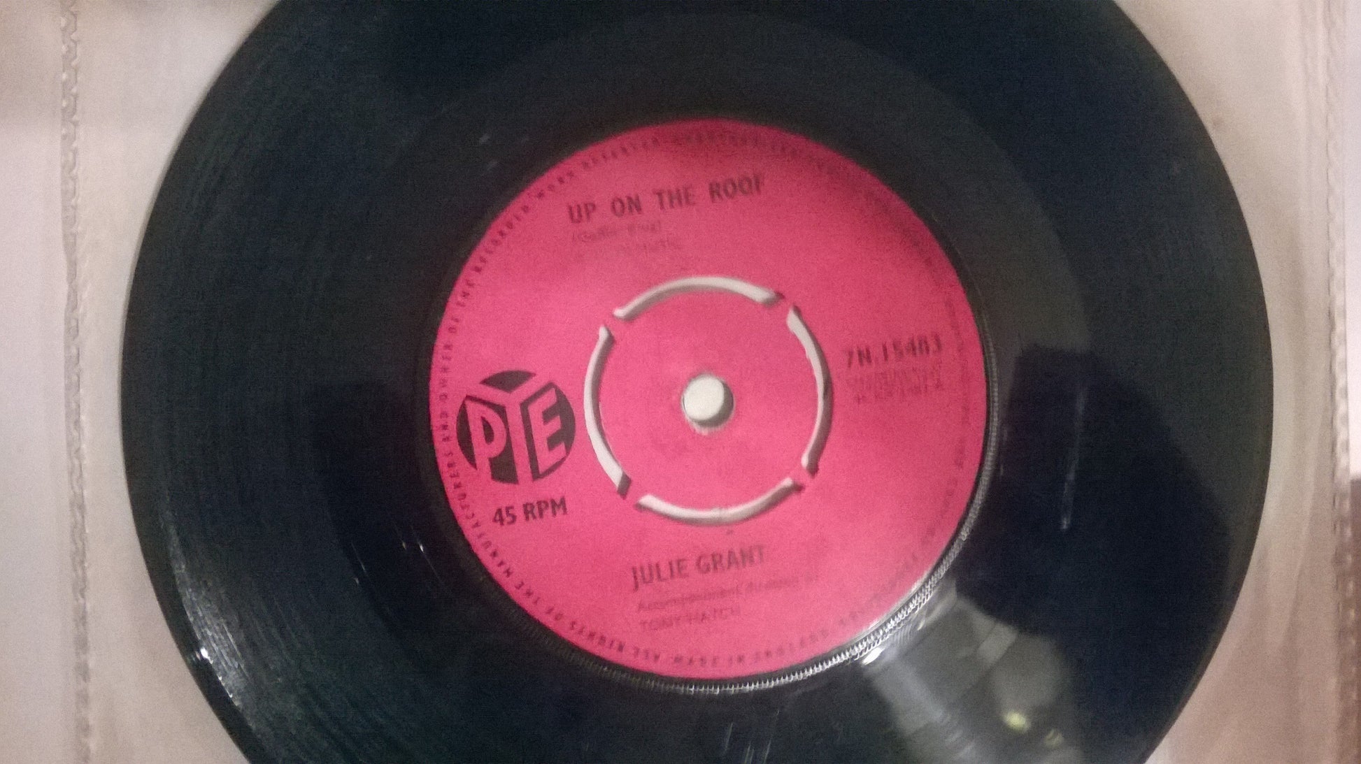 7" vinyl record of Up On The Roof / When You Ask About Love by Julie Grant, Pye Records 1960s pop single, Julie Grant vintage vinyl