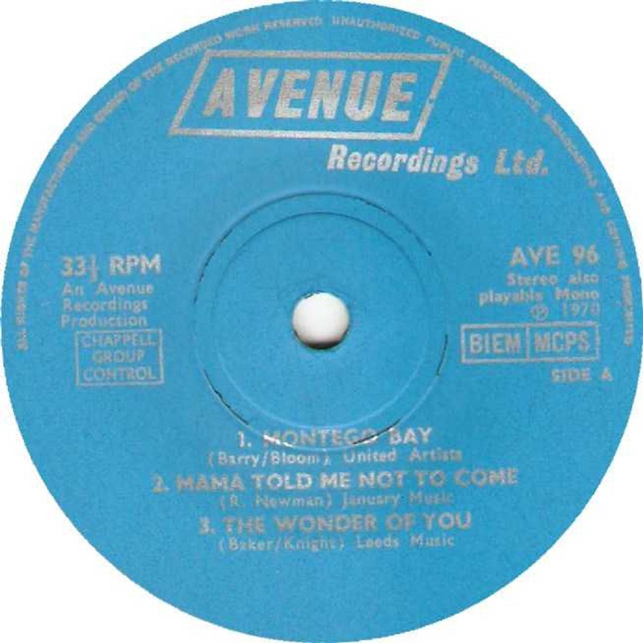 7" 33RPM 1970 Various Artists from Avenue Recordings (AVE 96)