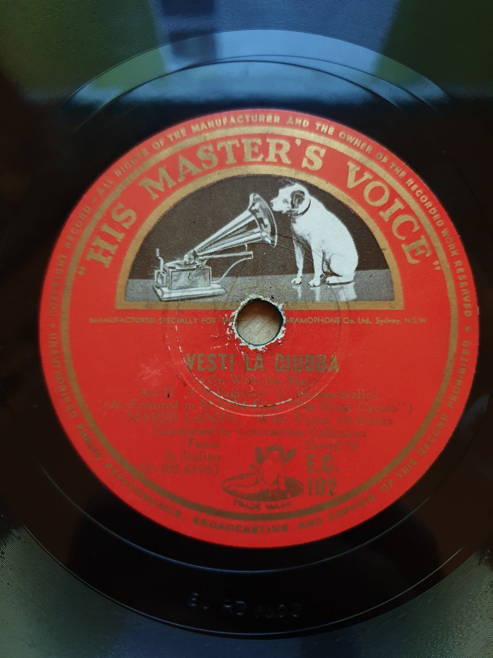 10" 78RPM Ave Maria/Vesti La Giubba by Mario Lanza from His Master's Voice (E.C. 182)