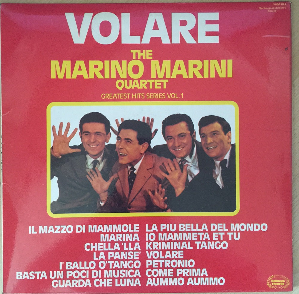 Marino Marini Quartet Volare Greatest Hits album cover, Hallmark Records, classic Italian pop vinyl, Marino Marini vintage music