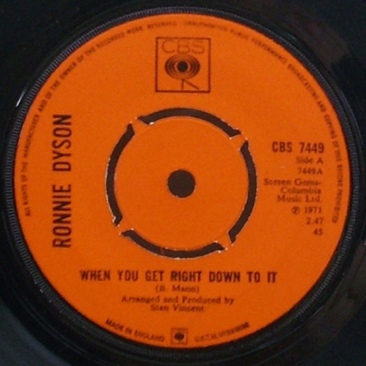 7" 45RPM When You Get Right Down To It/Sleeping Sun by Ronnie Dyson from CBS